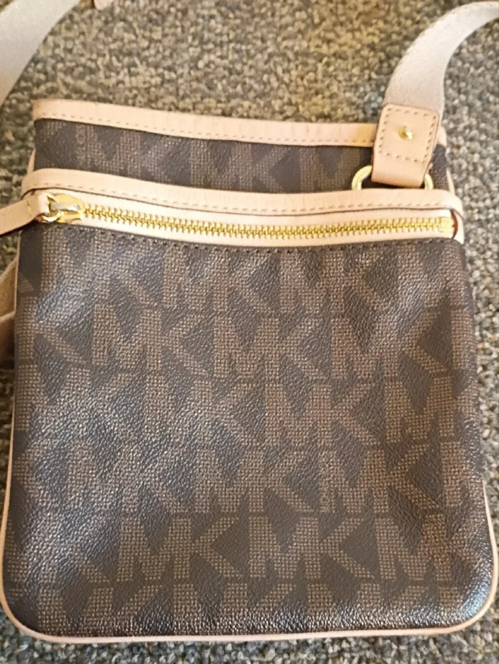 Michael Kors Brown Monogram Crossbody with Beige Strap